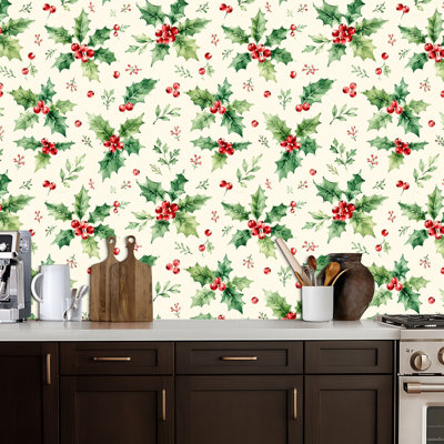 Papier peint auto-adhésif, feuilles de baies vertes, baies rouges, crème, papier contact de Noël amovible, adhésif mural, décoration murale pour armoires de cuisine de chambre à coucher 17,7 po x 118 po