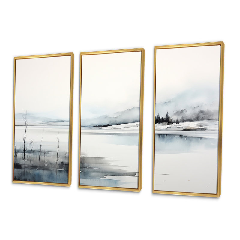 Blanc et noir, paysage scandinave moderne silencieux - ensemble d'art mural scandinave moderne, Cadre flottant doré