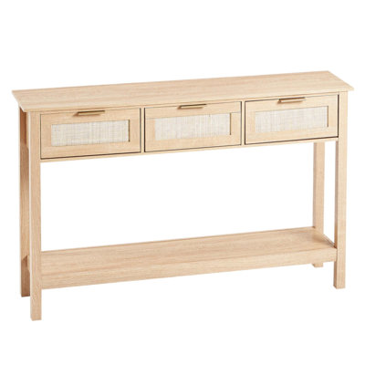 Console en rotin avec 3 tiroirs de rangement et porte coulissante, idéale pour l'entrée, le salon et le bureau