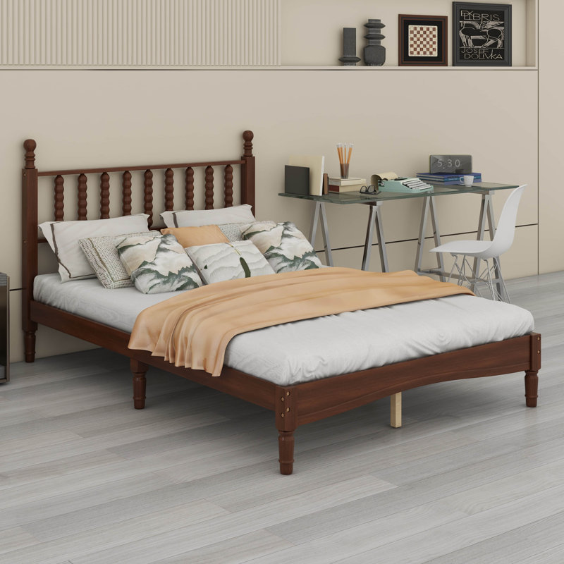 Structure de lit double, lit plateforme double en bois avec tête de lit en forme de gourde, lit plateforme double avec support en lattes de bois