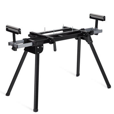 Support robuste et polyvalent pour scie à onglets – Cadre en fer pliable, capacité de 200 kg, rail coulissant jusqu'à 195 cm, supports à dégagement rapide, butées pour coupes répétitives, compatible avec la plupart des scies à table et à onglets, noir