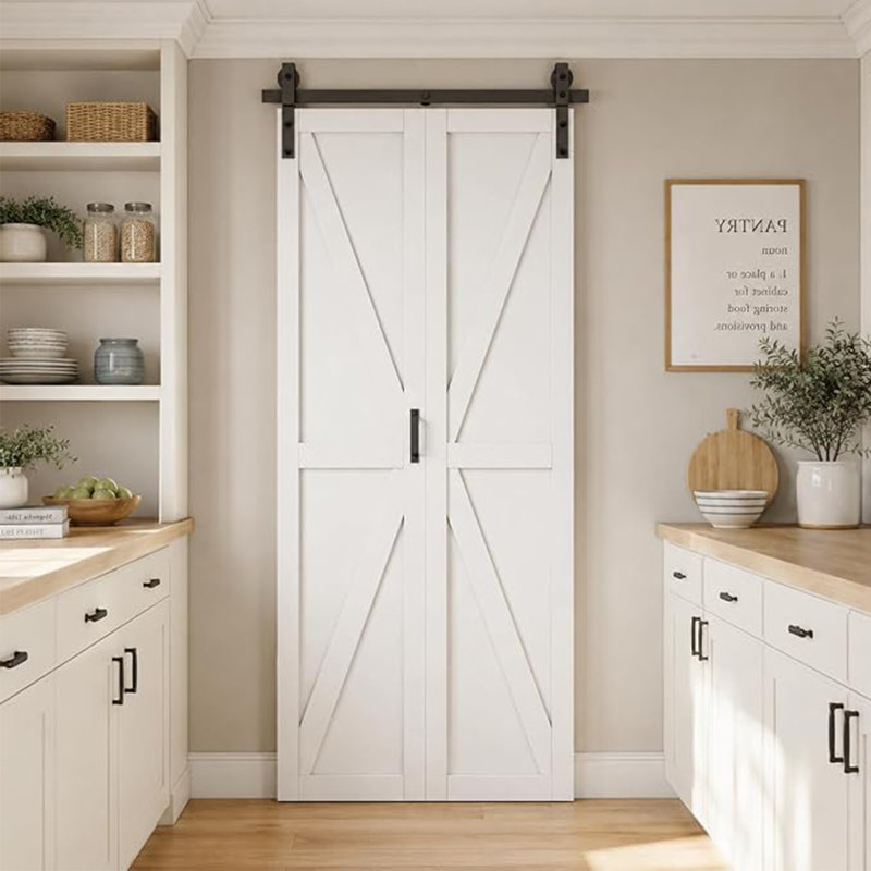 Modern K Shape Design - Manufacture Wood Bifold Barn Door With Hardware Kit, White, 42" x 84"
