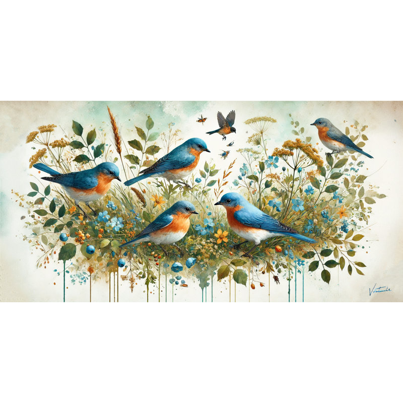 Illustration symphonique de l'oiseau bleu floral, H 24 po x l 48 po