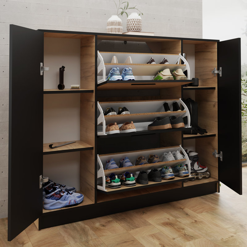 Bertolino 3 Pair Shoe Storage Cabinet, Black/Sonoma Oak