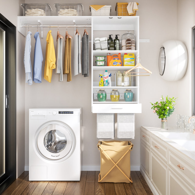 60'' Closet System with Tower Shelves for Walk-In Closet, Laundry Organizer With Hanging Rods, White