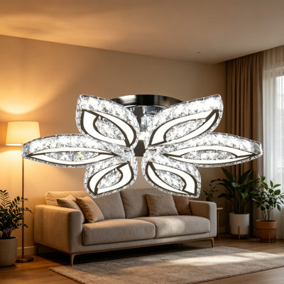Lustre moderne en cristal de 20 pouces, plafonnier à DEL fleur avec cristal K9 et acrylique, blanc froid intégré 6 500 K, non réglable, 20 x 20 x 3,1 pouces pour le salon, la salle à manger et la chambre à coucher