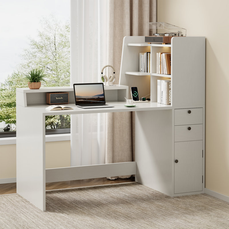 Modern White Computer Desk With 2 Drawers