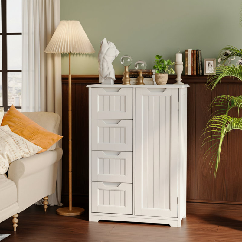 Petite armoire de rangement blanche 1 porte, 2 tablettes, 4 tiroirs