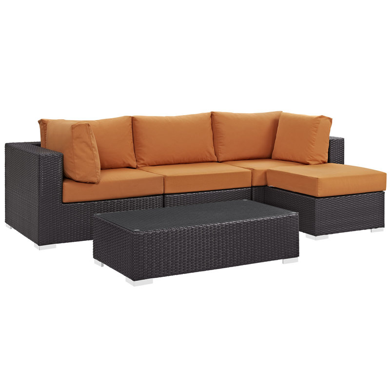 Ensemble de conversation modulaire en rotin 5 pièces avec coussins Convene, Orange