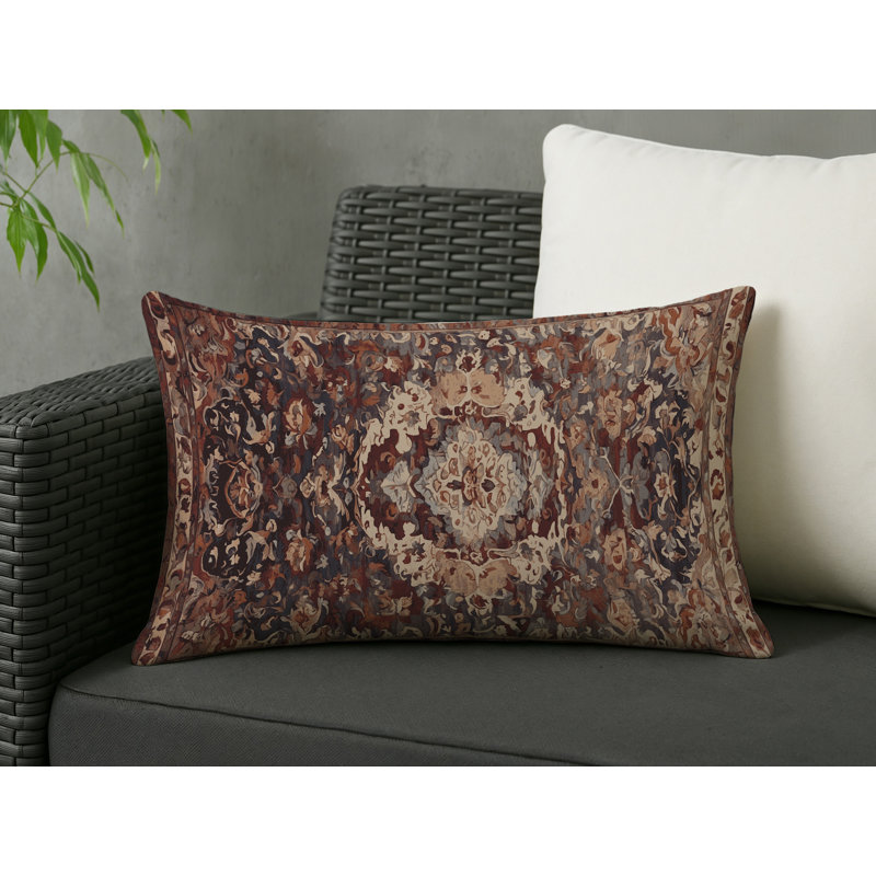 Coussin décoratif intérieur et extérieur Modern, Rectangle H 20 po x l 14 po, Brun / beige / bourgogne damassé