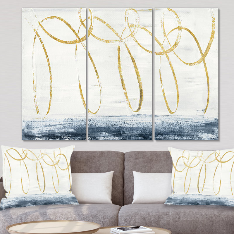 Forme géométrique abstraite dorée - ensemble de 3 reproductions d'art sur toile tendue, H 28 po x l 36 po x P 1 po