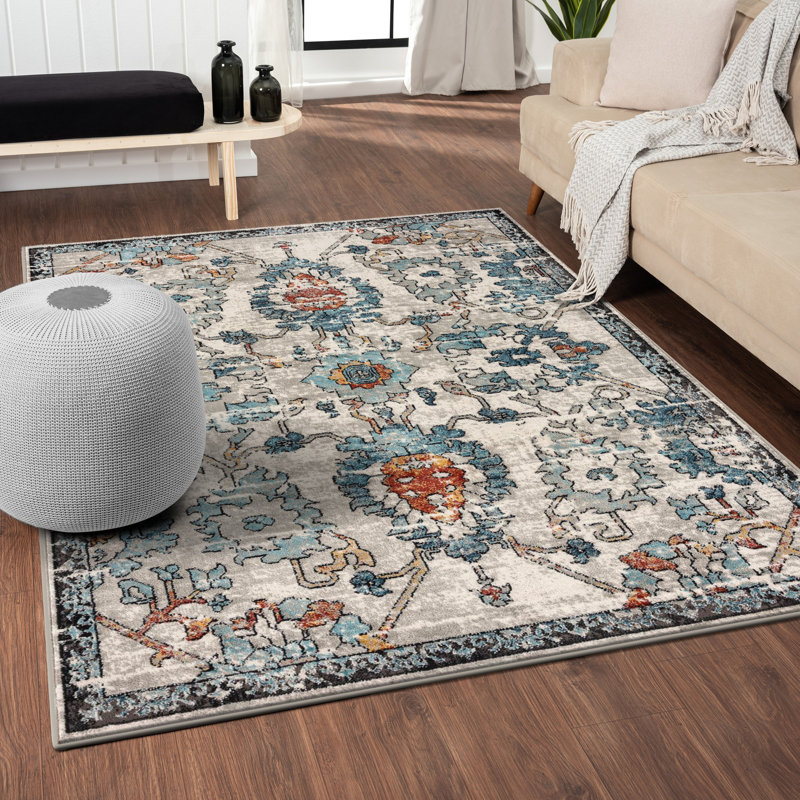 Tapis oriental à motif floral sans perte de poils, Rectangle 7 pi 8 po x 10 pi 0 po