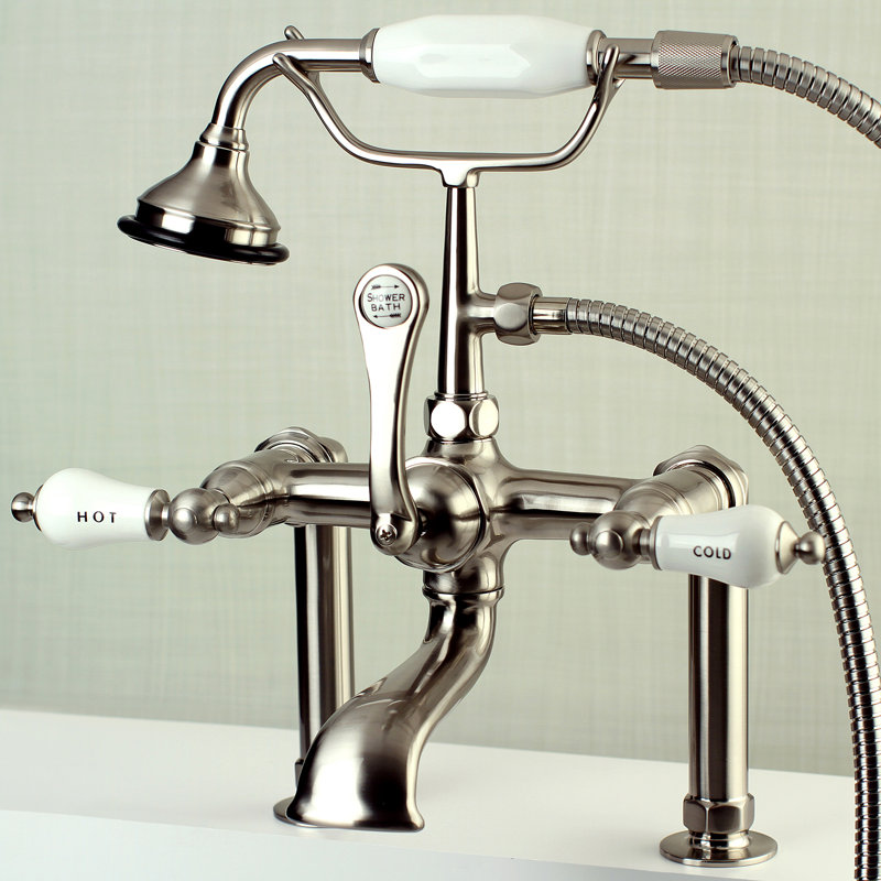 Kingston Brass Aqua Vintage Three-Handle 2-Hole Deck Mount Clawfoot Tub Faucet with Hand Shower, Brushed Nickel