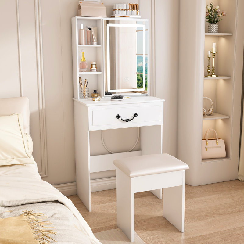Coiffeuse à luminosité réglable avec miroir à DEL, rangement intelligent, tablettes à plusieurs niveaux, tabouret rembourré blanc pour les compartiments de bureau