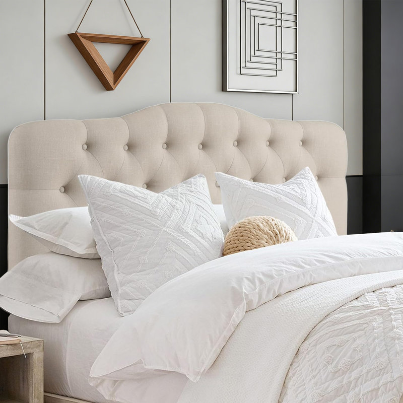 Tête de lit tapissier, tête de lit en bois massif avec pieds en bois, tête de lit en tissu au design moderne, Beige