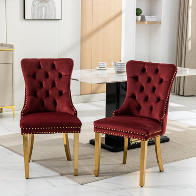 Chaises de salle à manger rembourrées en velours moderne de 2, rouge vin avec pieds en acier inoxydable doré, structure en bois massif, coussin éponge à rebond élevé, chaises à la mode garnies de têtes de clou, 2 unités, revêtement en bourgogne
