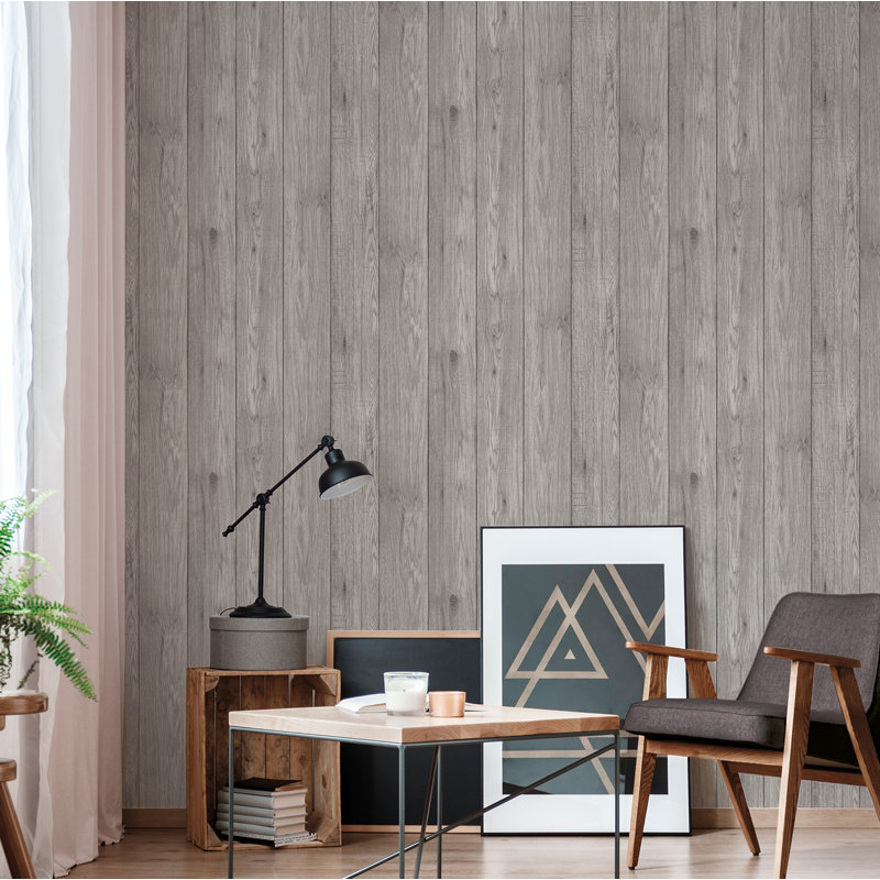 Lumber Wood 0.065m x 52cm Semi-Gloss Wallpaper Roll, Light Grey