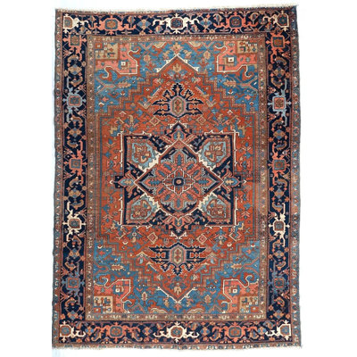 Tapis antique Heriz 8 pi 5 po x 11 pi 4 po | Tapis en laine noué à la main | Tapis médaillon rouille bleu marine | Grand tapis de salon
