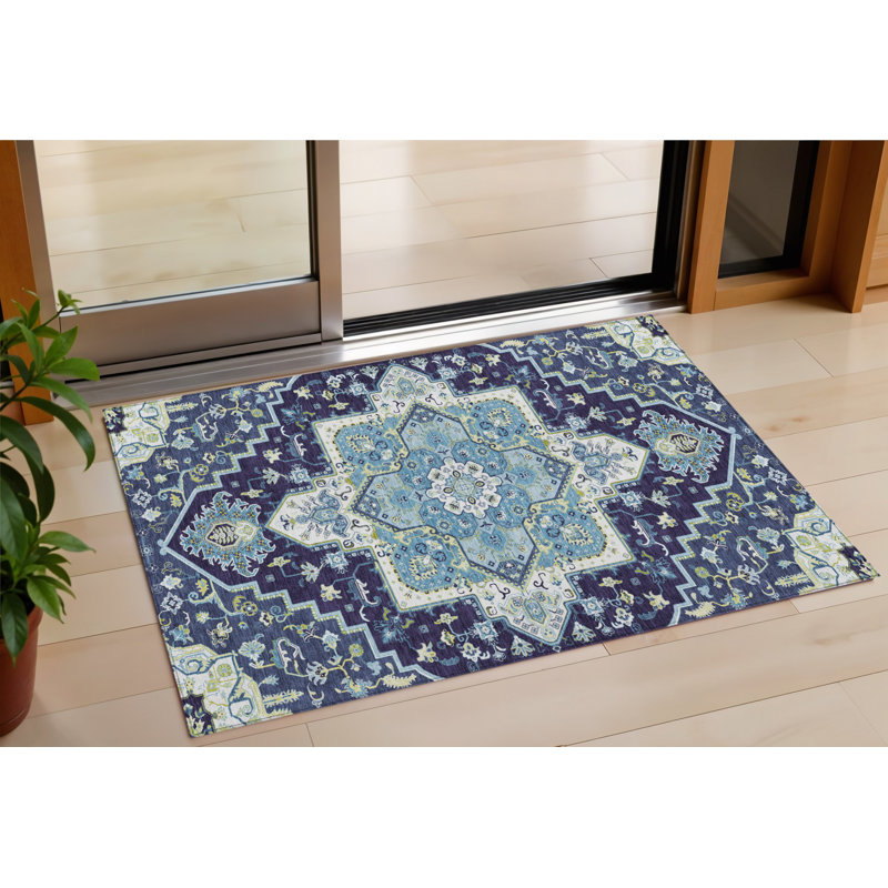 Tapis extérieur lavable intérieur bleu marine ivoire et noir 3 pi x 5 pi