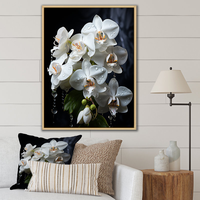 Pétales d'orchidées blanches élégantes sur toile, H 44 po x l 34 po x P 1,5 po, Cadre naturel flottant