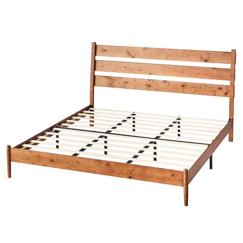 King Size Light Brown Pine Wood Bed Frame with Slatted Headboard