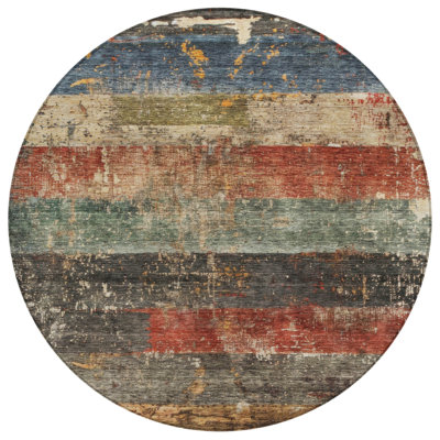 8' Fern Green Black And Terra Cotta Round Striped Washable Indoor Outdoor Area Rug