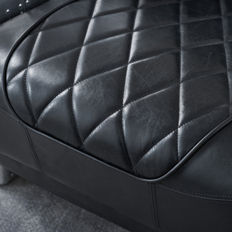 Alvenia 31.1"W Tufted Genuine Leather Accent Armchair, Black