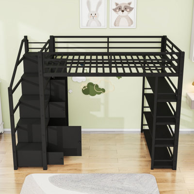 Lit mezzanine en métal avec escalier de rangement et tablettes