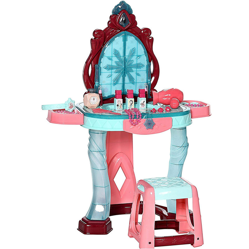 Qaba  Vanity Set with Self-Opening Magic Mirror, Princess Makeup Vanity Table Set with Music, Tabletop with Lights, Imaginative Toy for 3-6 Years Old