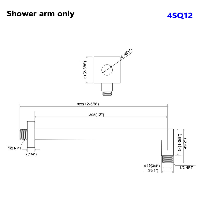 Bras de douche mural carré en laiton 12 po Topcraft, composants de douche universels pour pomme de douche à effet pluie