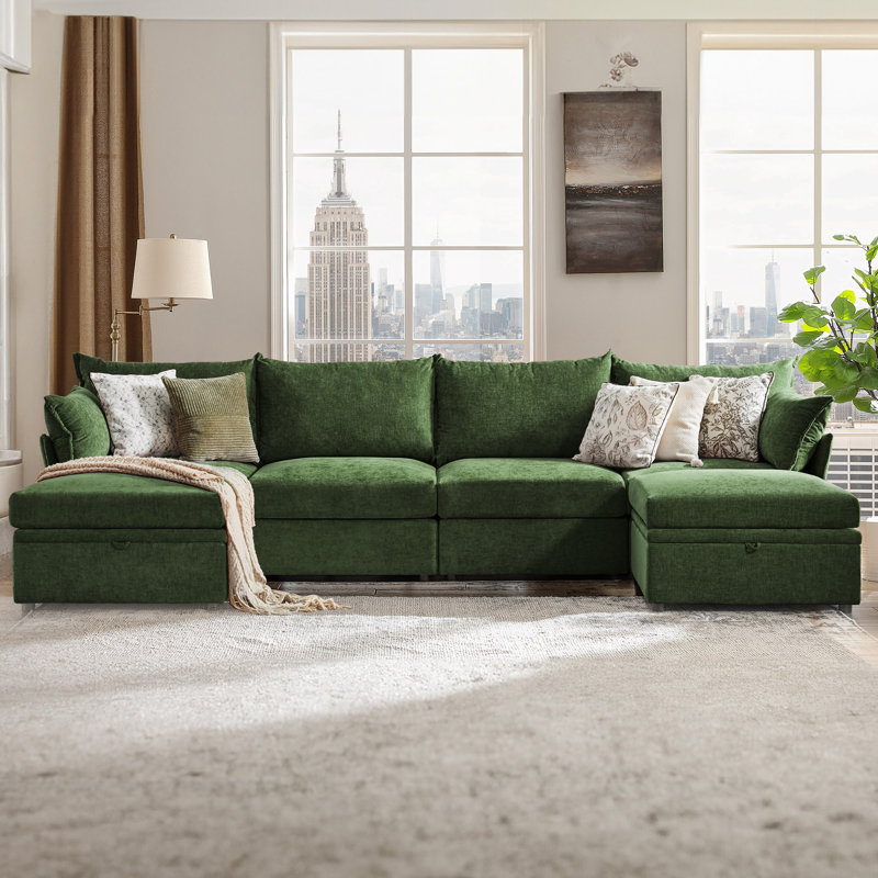 Canapé modulaire réversible avec repose-pieds et rangement Merchelle, Vert, H 37 po x l 134,6 po x P 67,5 po