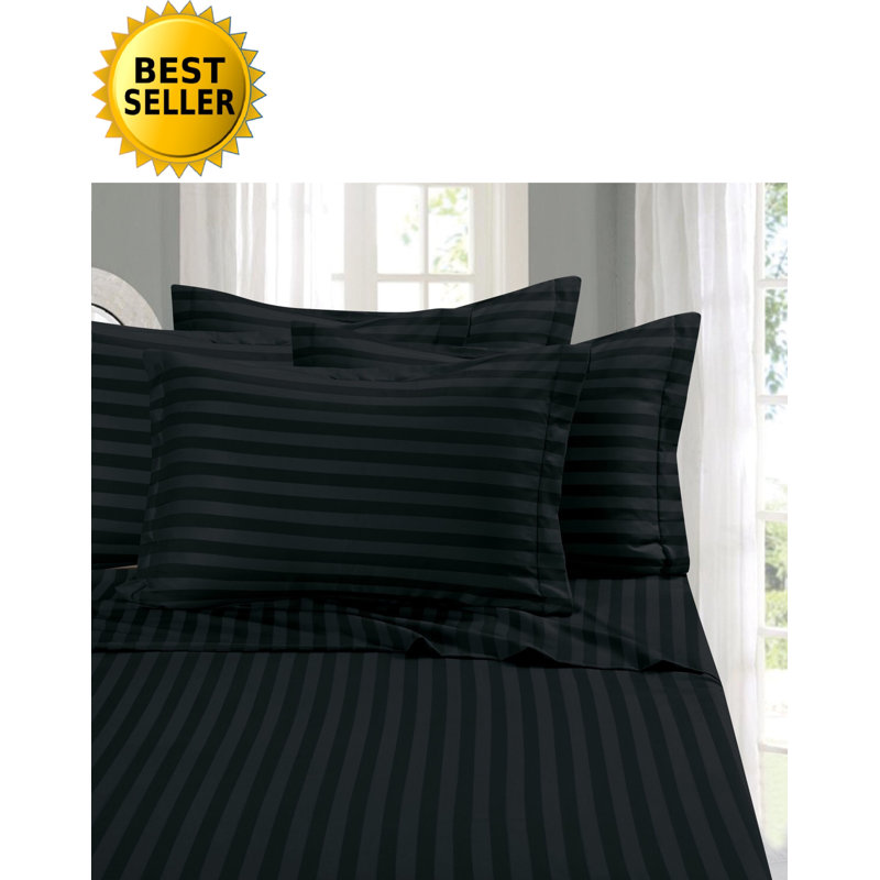 Ensemble de literie à rayures damassées 6 pièces Elegant Comfort, microfibre 1500 fils, infroissable, Queen, Noir