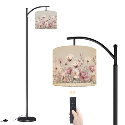 Arc Floor Lamp with Adjustable Lampshade Gentle Romantic Watercolor Garden Soft Peonies Roses Standing Lamp 3 Color Temperatures Dimmable Tall Pole Lamp with Foot Switch for Bedroom