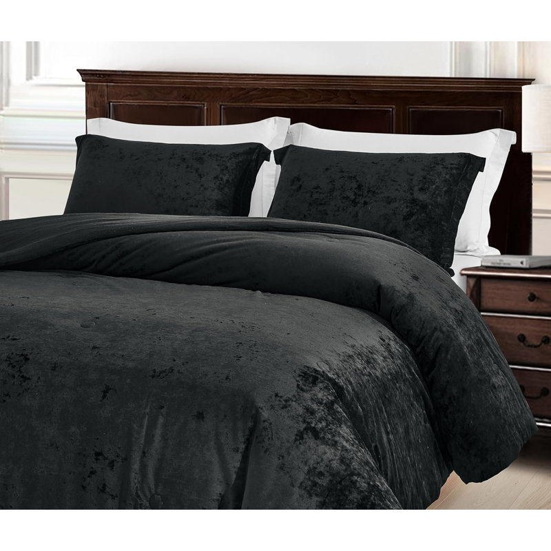 Lux Distressed Velvet Reversible Comforter Set, Queen Comforter + 2 Standard Shams, Black