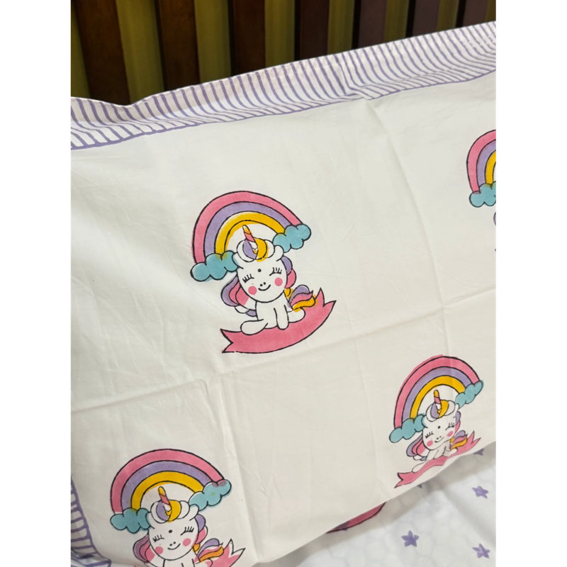 Unicorn World Hand Block Printed Kids Cotton Bedsheet Set With Pillowcases