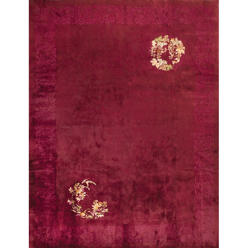 Tapis rectangulaire corail noué à la main style antique chinois des années 1920 en laine Art Deco