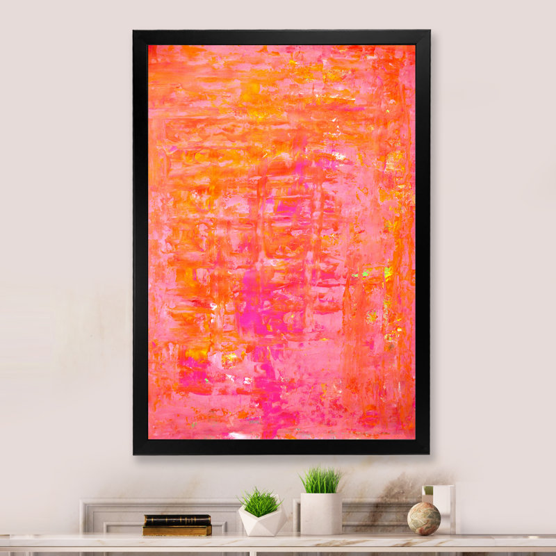 Orange et rose - art moderne, H 20 po x l 12 po x P 1 po, Cadre noir
