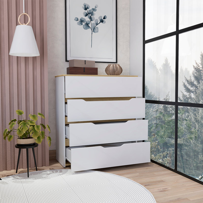 Commode Zoe, plateau supérieur, quatre tiroirs - blanc / chêne clair