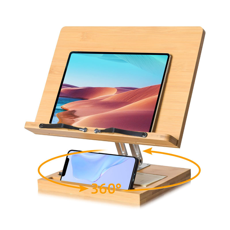 Book Stand For Reading, Adjustable Holder With 360° Rotating Base & Page Clips, Foldable Desktop Ricer For Cookbook,Sheet Music,Laptop,Recipe,Textbook,Hands Free(13.2 X 9.2 Inches)