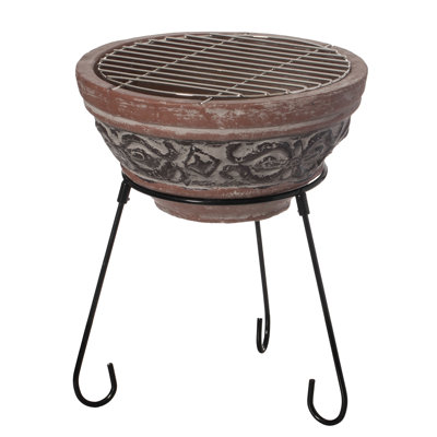 Outdoor Small Red and Gray Clay Grill Accent Design Charcoal Burning Fire Pit with Sturdy Metal Stand