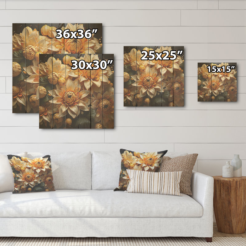 Sunflowers Depicted With Shifting Shades - Sunflowers Wood Art On Natural Pine Wood, 15" H x 15" W