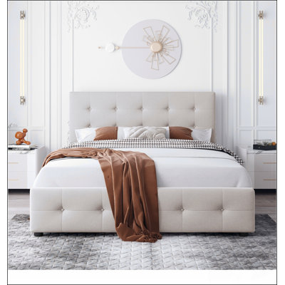 Upholstered Platform Bed With Classic Headboard And 4 Drawers, No Box Spring Needed, Linen Fabric