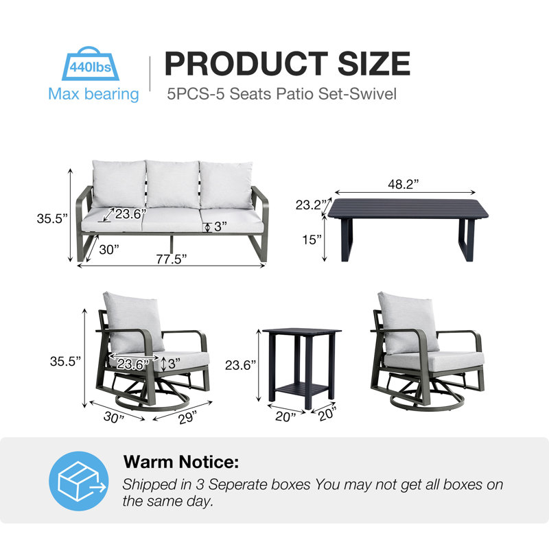Ithnan 5 - Person Silver Gray Aluminum Outdoor Seating Group with Cushions