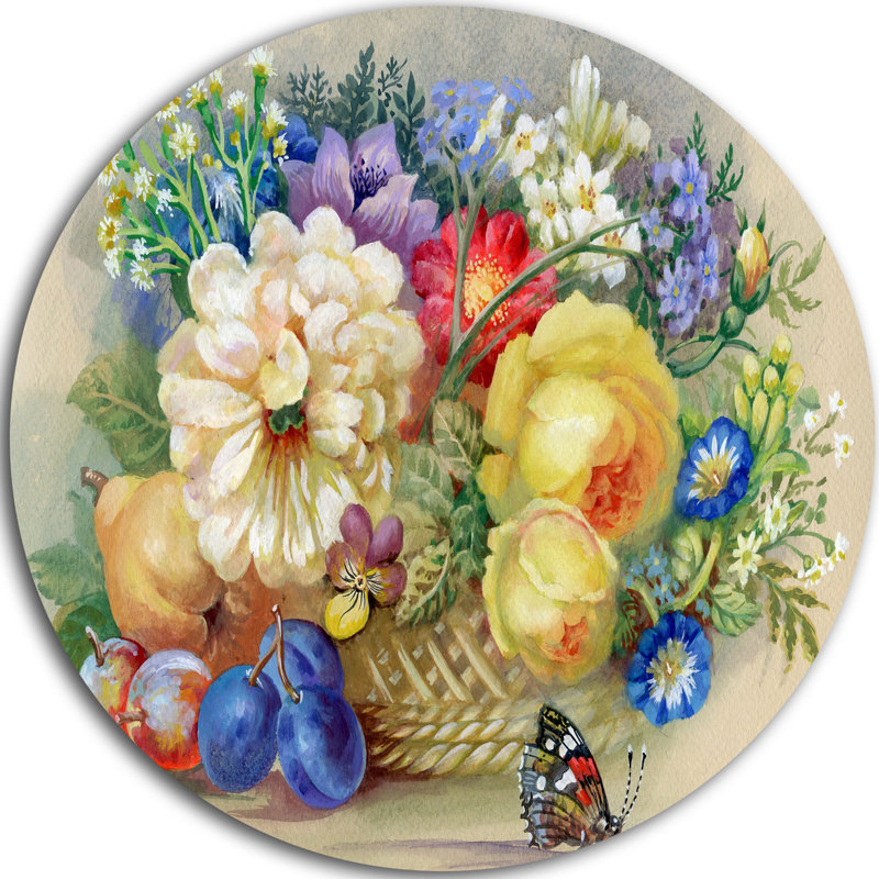 « grappe de fleurs et fruits », reproduction de peinture à l’huile sur métal, H 36 po x l 36 po x P 1 po