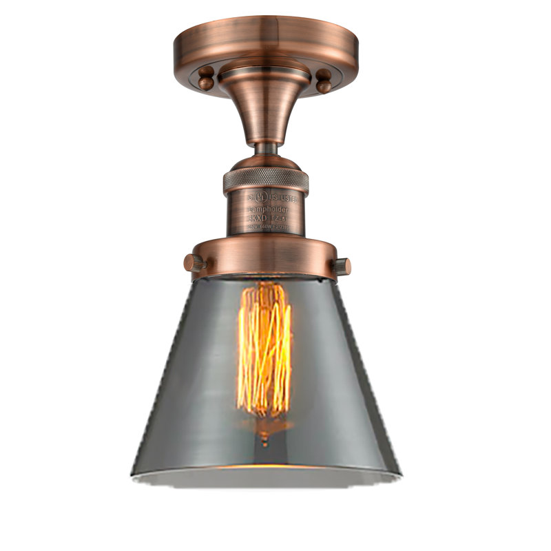 Cone 1 Light Semi-Flush Mount, 6 Watt Vinage LED Bulb, Smoked, Antique Copper