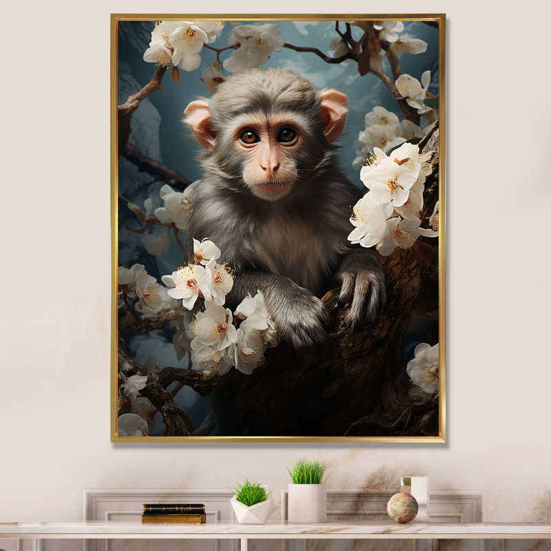 Palette de singe gris printemps floral - art mural singe, Cadre photo noir, 40" H x 30" W