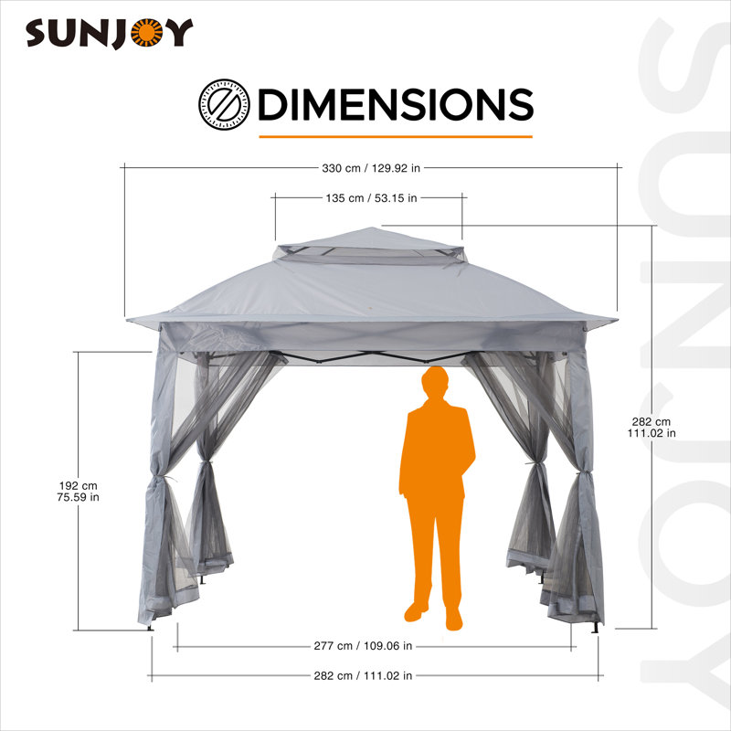 Sunjoy 11 ft. W x 11 ft. D Pop-Up Gazebo, 2-Tier Top Soft Canopy with Mosquito Netting and Carry Bag, Gray