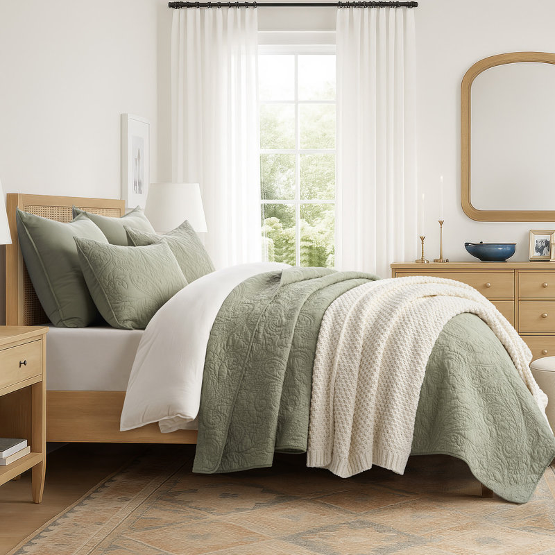 Paisley 100% Cotton Quilt Set 3 Pieces, Sage Tea Green, King Quilt + 2 King Shams