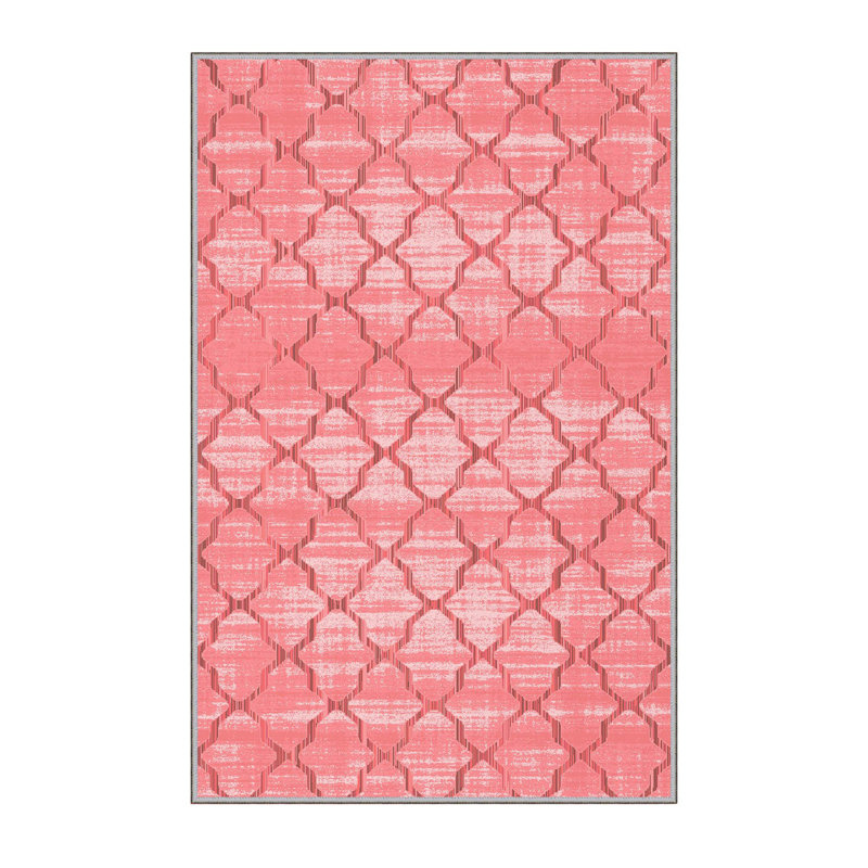 Tapis rose en polyester tissé à la machine Belote, Rectangle 3 pi 11 po x 5 pi 11 po