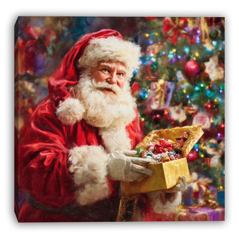 «Santa with Golden Gift Box», art mural sur toile tendue, H 40 po x l 40 po